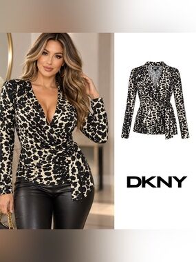 NEW DKNY Black and Cream Animal Print Wrap Blouse